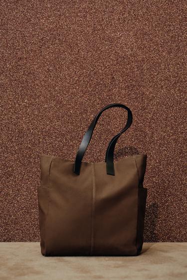 FABRIC AND LEATHER SHOPPER BAG - Brown by Zara