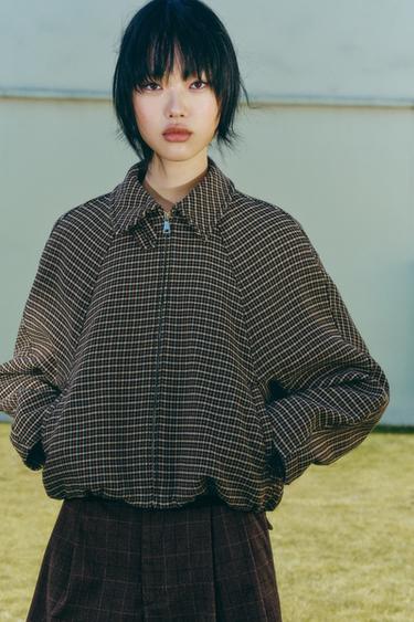 HOUNDSTOOTH QUILTED BOMBER JACKET - Grey / Tan by Zara