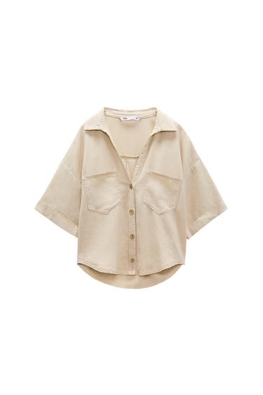 LINEN AND VISCOSE BLEND CROPPED SHIRT