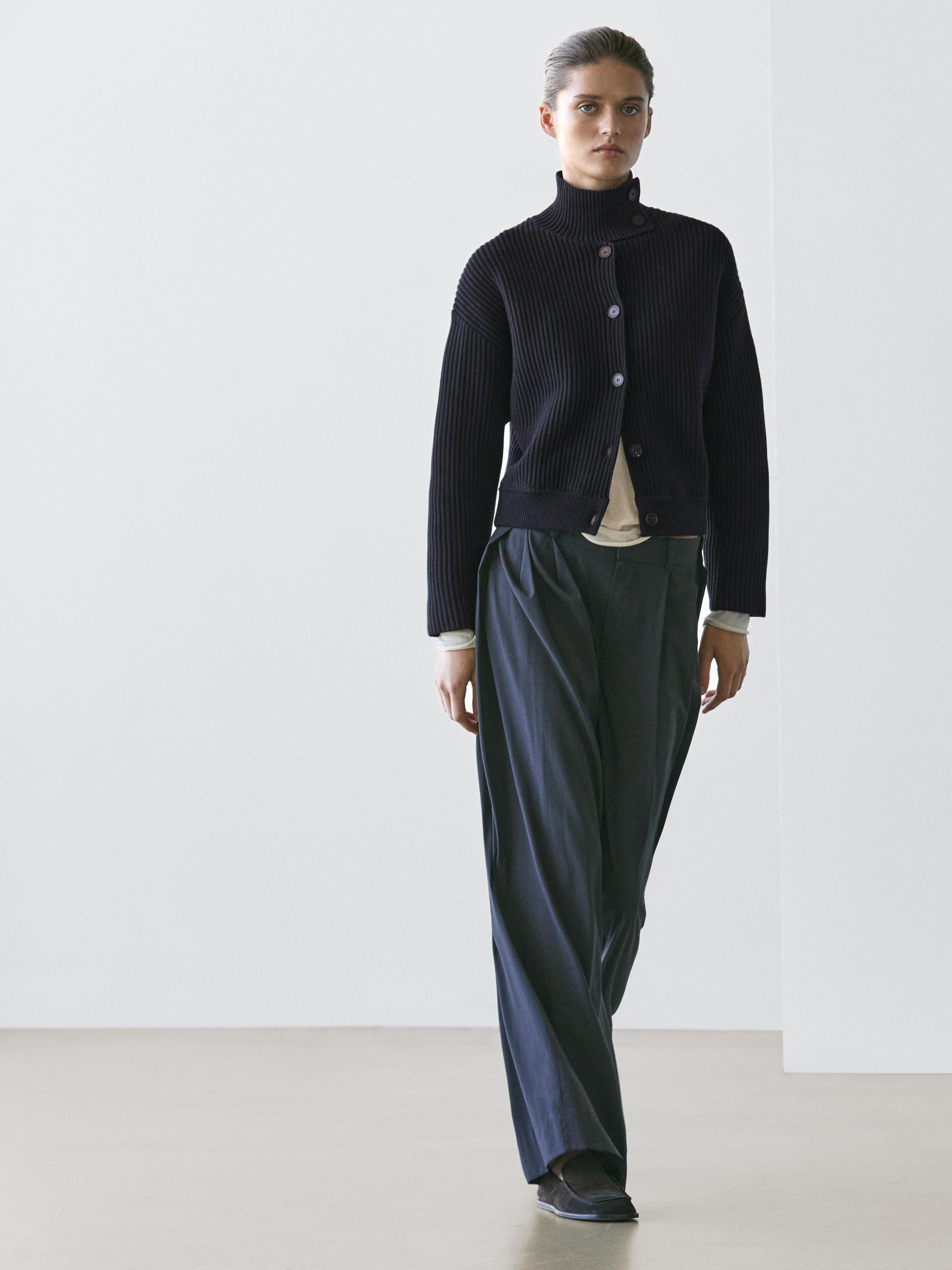 Cotton high neck knit cardigan