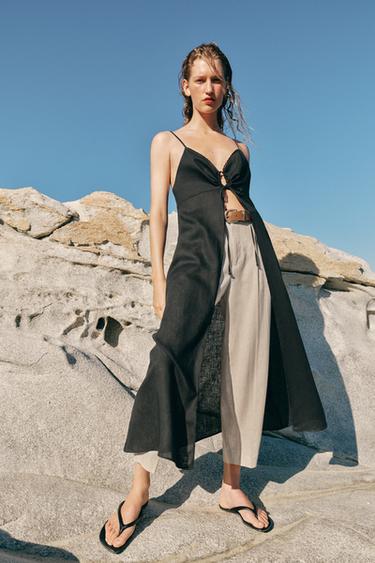 LONG LINEN BLEND CAMISOLE TOP - Anthracite grey by Zara