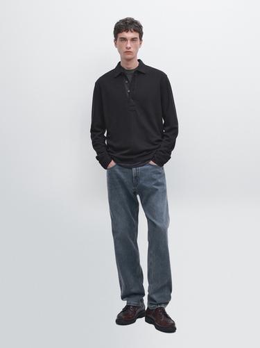 Zara Textured long sleeve polo shirt - Navy blue - Image 0