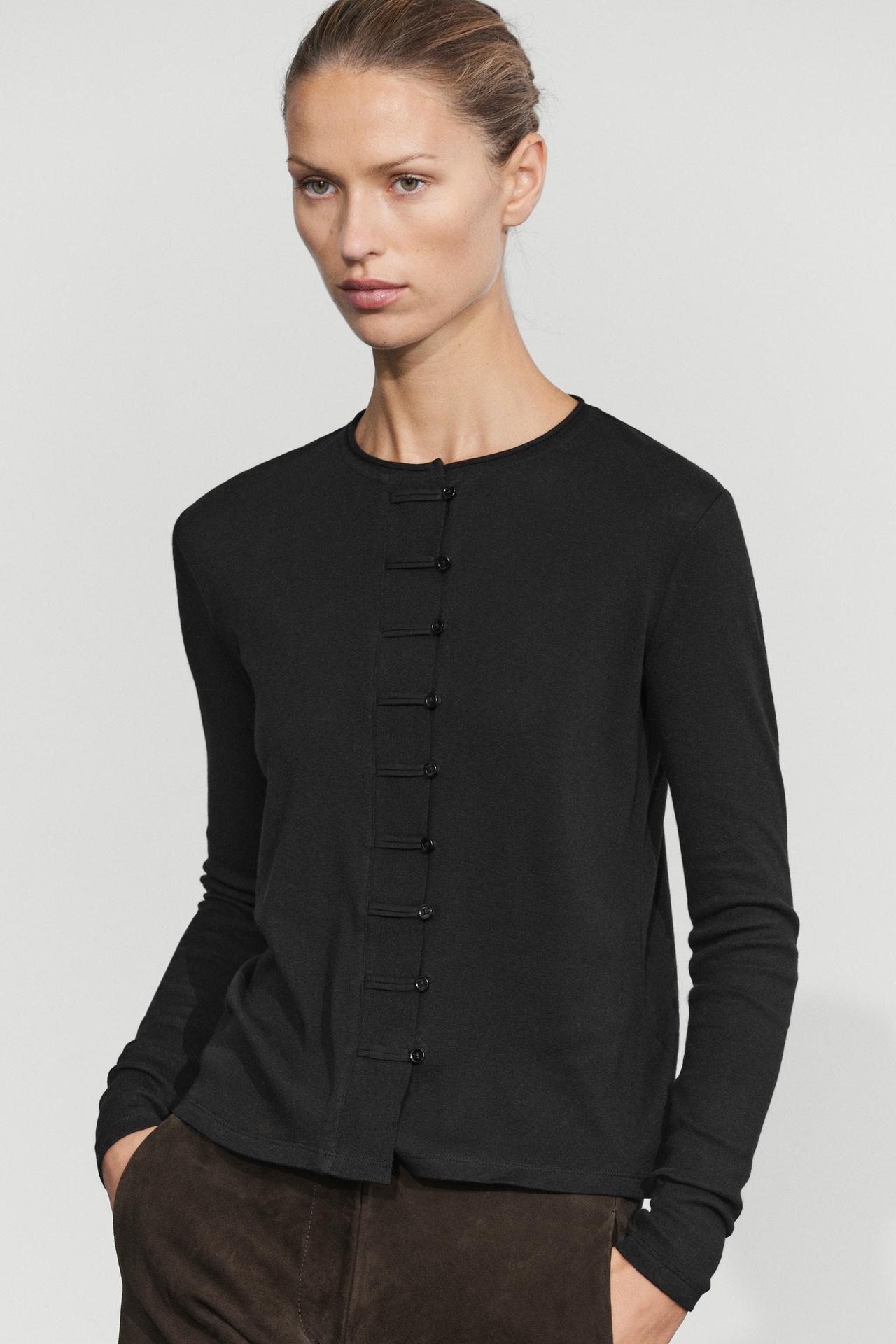 Cotton blend T-shirt with button detail — Black