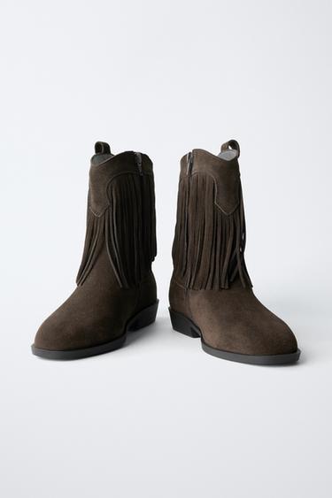 LEATHER COWBOY ANKLE BOOTS WITH FRINGES - Brown by Zara - Image 3