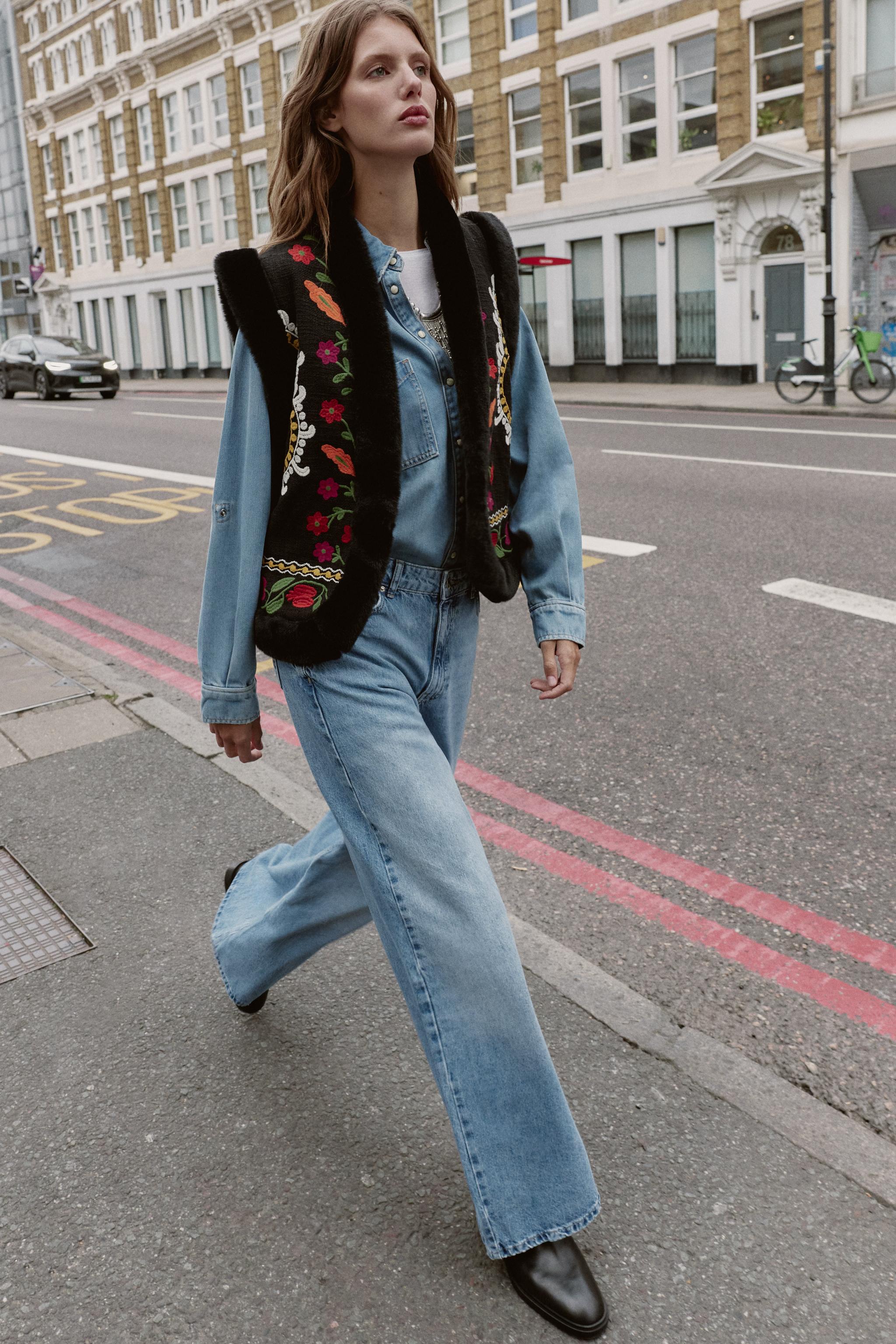 CONTRASTING EMBROIDERED FAUX FUR VEST