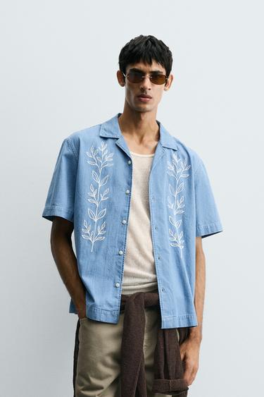 EMBROIDERED DENIM SHIRT - Mid-blue by Zara