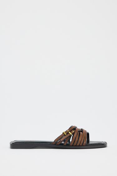 Zara LEATHER STRAPPY SLIDE SANDALS - Brown - Image 0