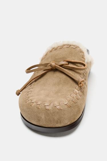 LEATHER SHEARLING EFFECT CLOGS - Sand Brown by Zara - Image 4