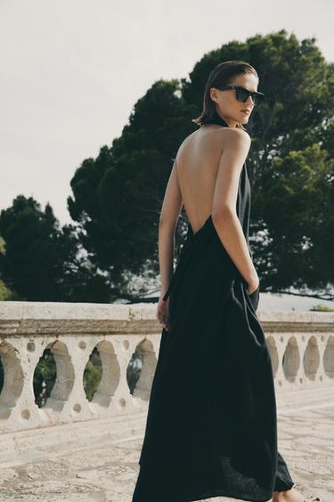 ZW COLLECTION 100% LINEN HALTER DRESS - Black by Zara