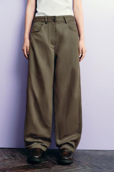 Zara ZW COLLECTION 人字紋寬管長褲 - 深棕色