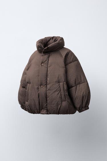 체크 패딩 코트 - Zara 브라운