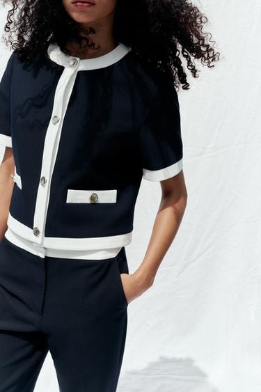 PANTALON DROIT TAILLE CONTRASTÉE - Bleu marine de Zara - Image 4
