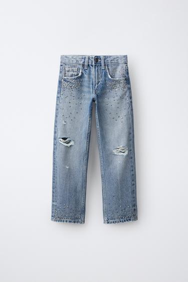 RIPPED STRAIGHT-LEG JEANS WITH STUDS - Blue by Zara - Image 0