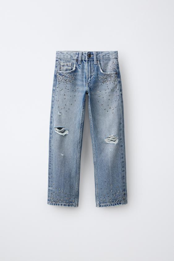 RIPPED STRAIGHT-LEG JEANS WITH STUDS - Blue by Zara - Image 0