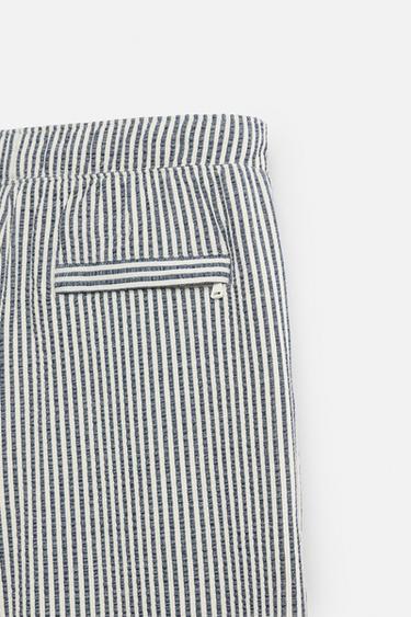 RELAXED FIT SEERSUCKER TROUSERS - Ecru / Navy by Zara - Image 7