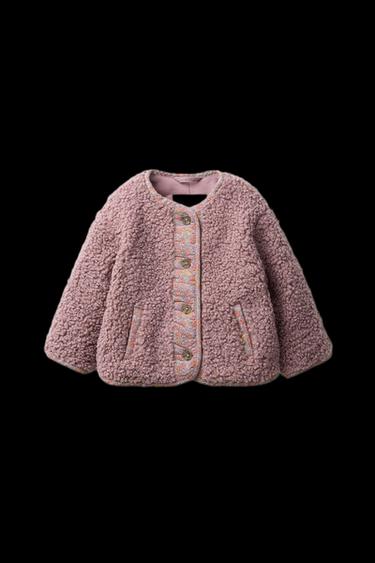 Zara LINED FLEECE COAT WITH FLOWERS - Magenta