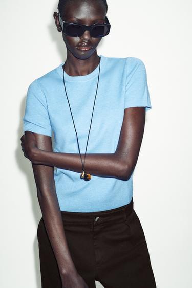 Zara SOFT FEEL SHORT SLEEVE KNIT JUMPER - Light blue