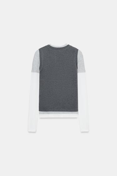 T-SHIRT EFFET TRIPLE - Gris chiné de Zara - Image 5