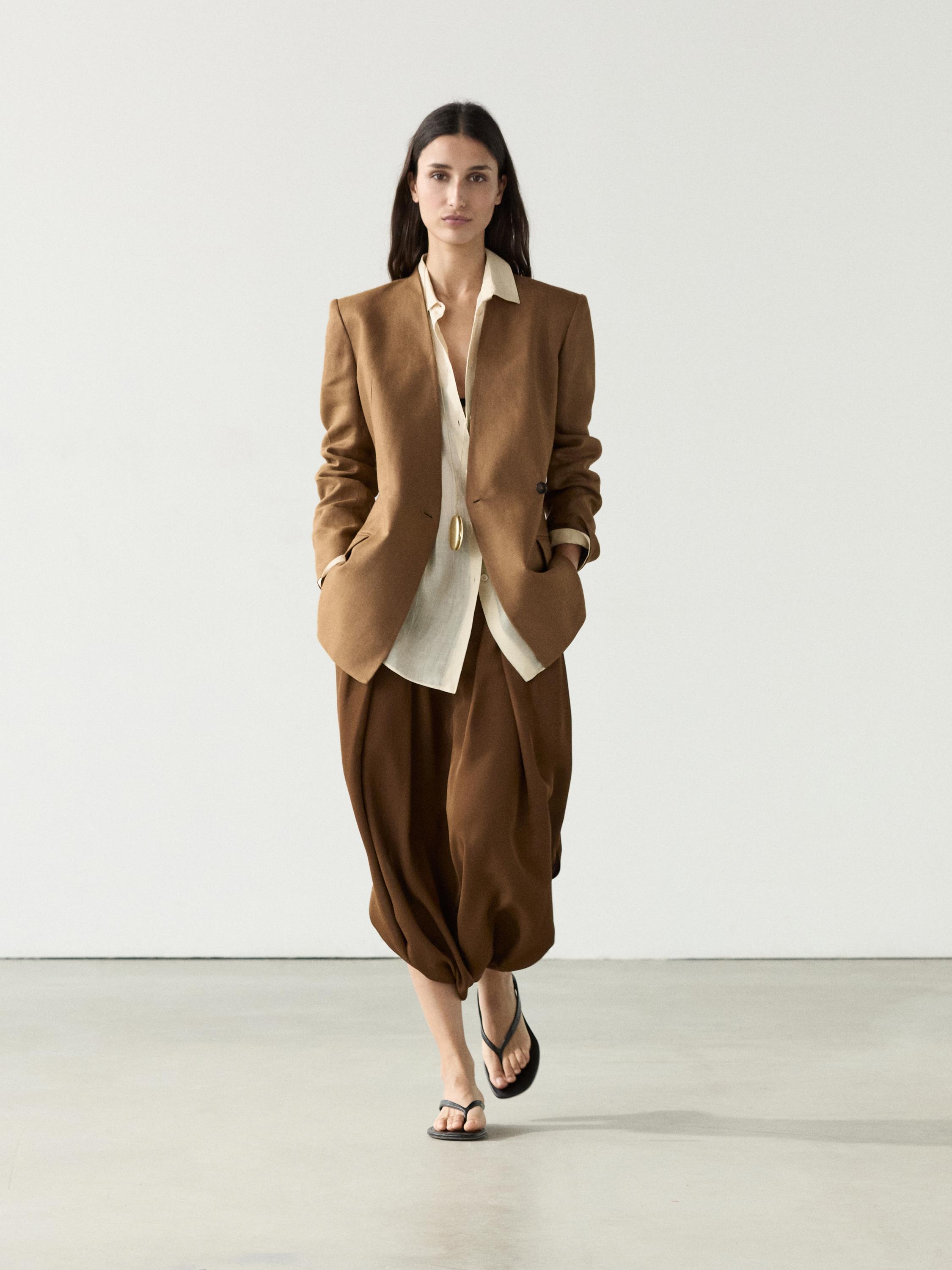 100% linen lapelless double-breasted blazer