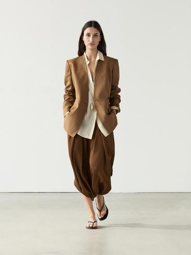 Americana cruzada sin solapa lino - Tostado de Zara - Imagen 0