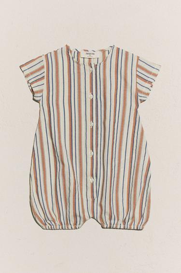 Zara BABY STRIPED FOOTED ROMPER - Brick