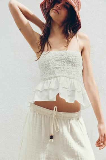 SMOCKED PEPLUM TOP - White by Zara