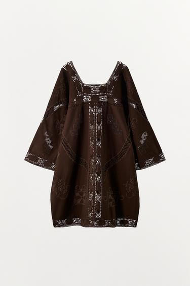 ROBE EN TOILE BRODERIES AJOURÉES - Marron de Zara - Image 2