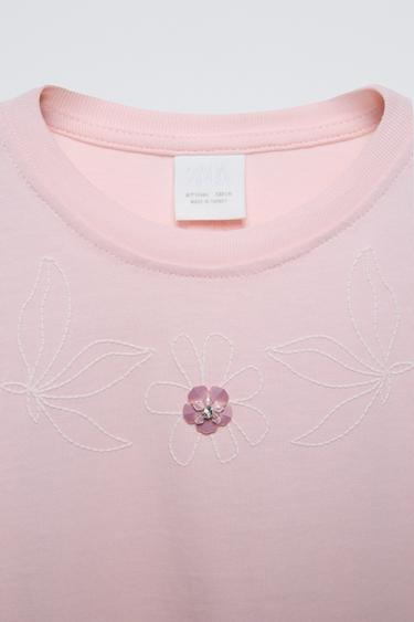 T-SHIRT WITH FLORAL APPLIQUÉ - Pink by Zara - Image 2