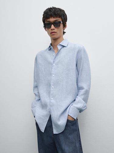 Zara Regular fit striped 100% linen shirt - Green stripe