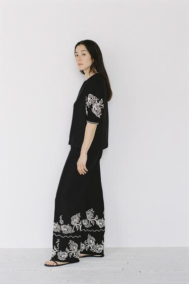 ZW COLLECTION 刺繍入りキュロットパンツブラックZaraのZW COLLECTION 刺繍入りキュロットパンツ - ブラック 