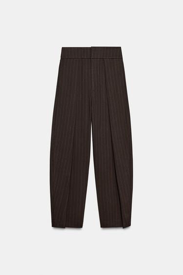 Zara BALLOON STRIPED PLEATED PANTS - Brown / Ecru