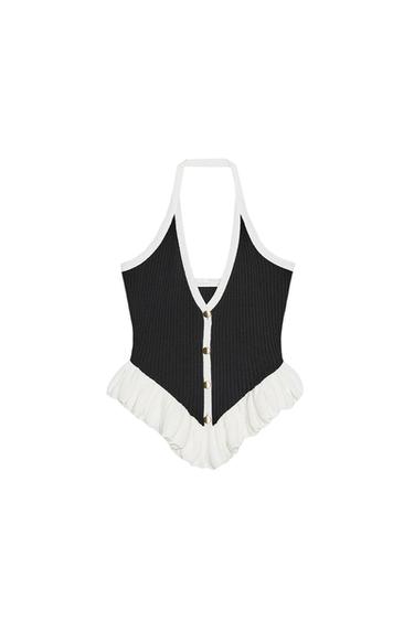 RIBBED BUTTON TOP - Black / White by Zara - Image 0
