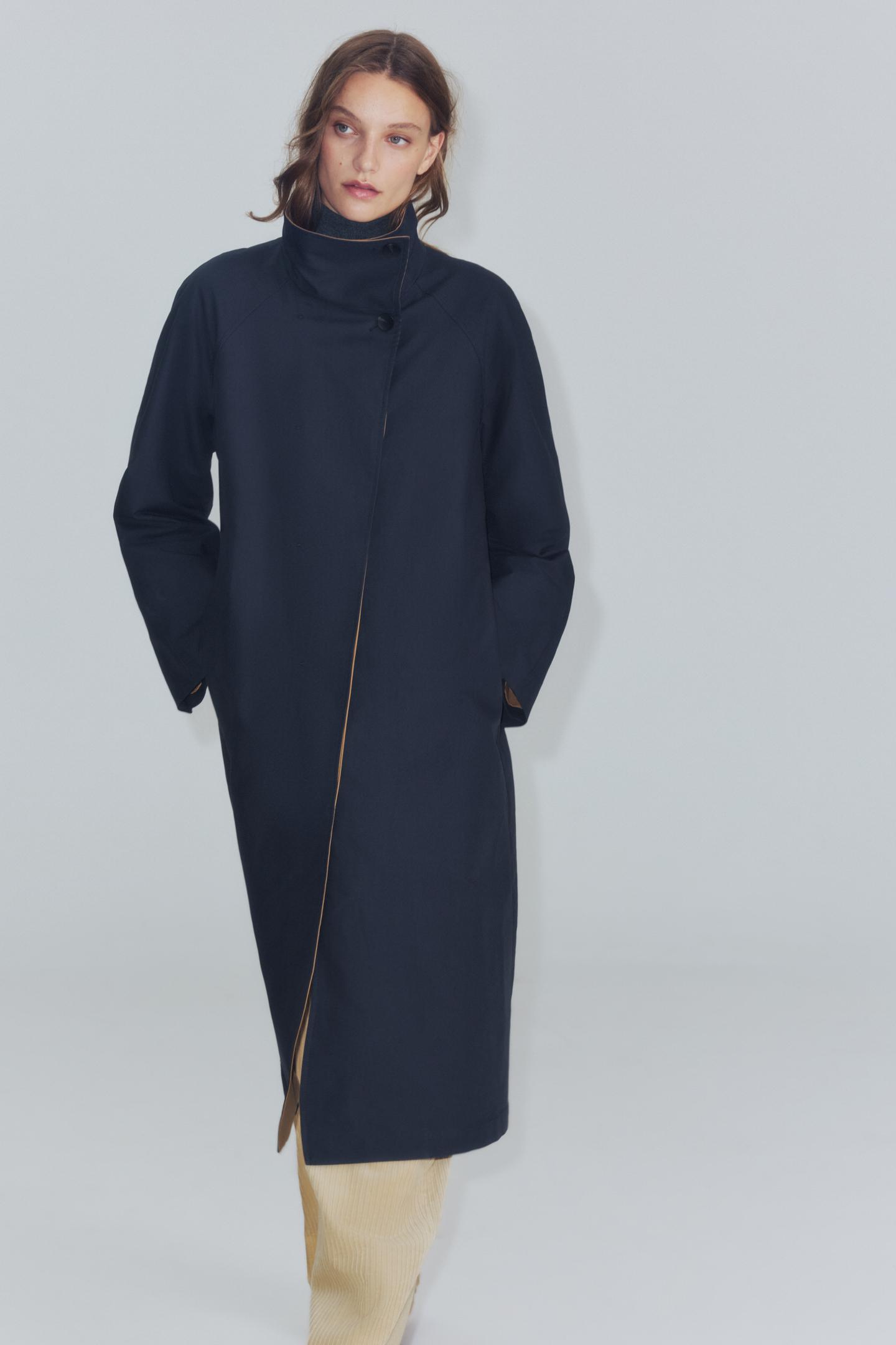 Женское пальто Zara ZW Collection Long Trench, цвет: Тёмный тёмно-синий — фото 4