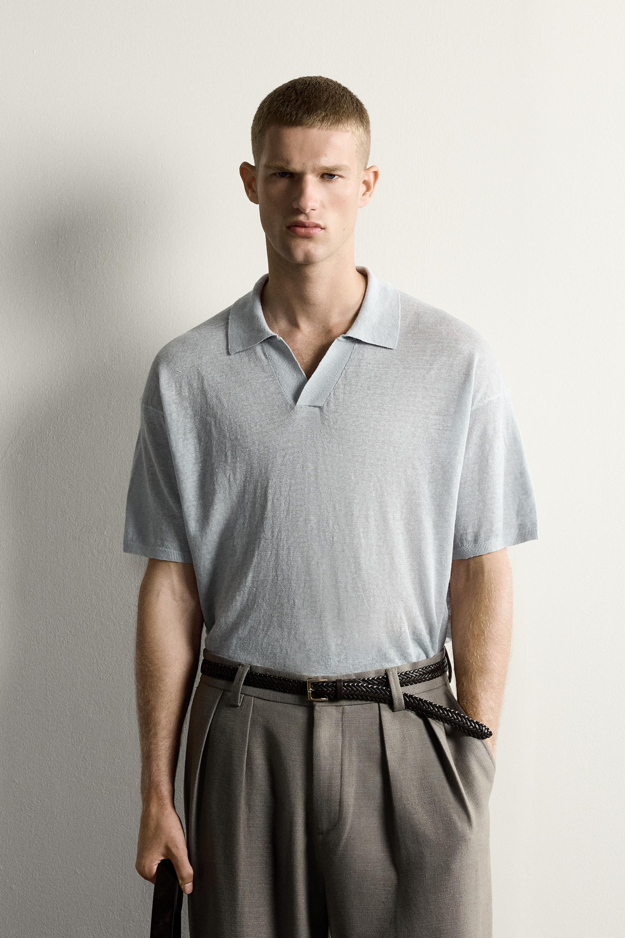 100% LINEN RELAXED FIT POLO SHIRT — Pastel blue