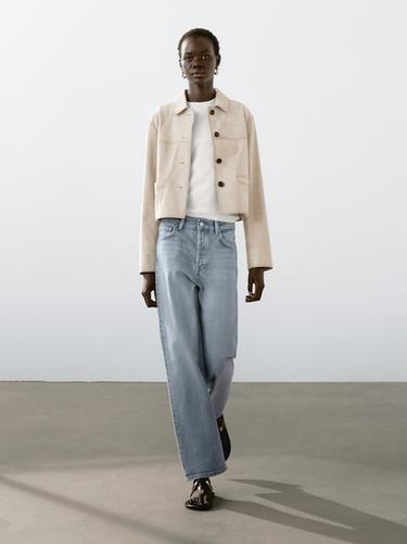 Chaqueta corta pespuntes piel ante - Hielo de Zara