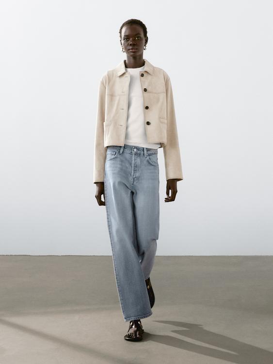 Short suede leather jacket with topstitching