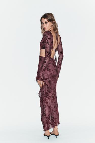 ASYMMETRIC FLOCKED TULLE CUT-OUT DRESS - Dark burgundy by Zara - Image 4
