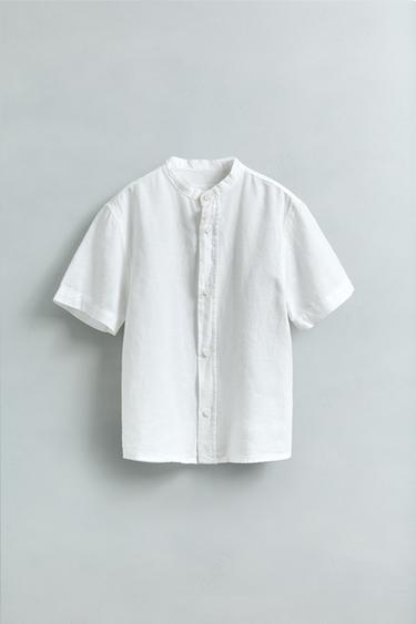 CAMISA ALGODÓN LINO CUELLO MAO - Blanco de Zara