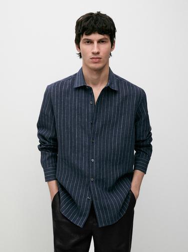 Camisa slim fit rayas 100% lino - Azul lavado de Zara
