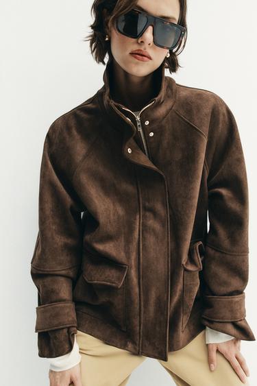 CHAQUETA EFECTO ANTE BOLSILLOS - Marrón oscuro de Zara