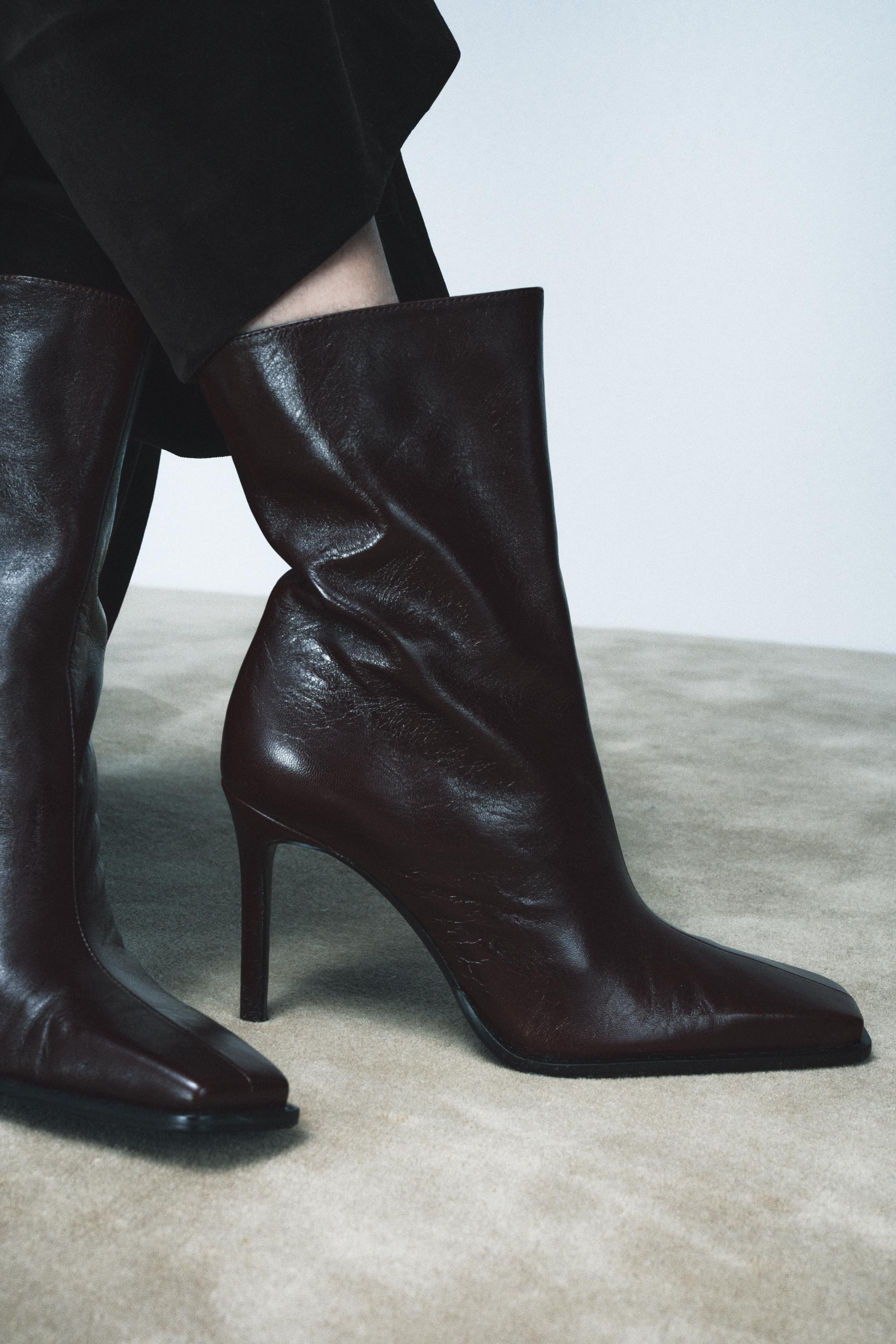 スクエアトゥレザーショートブーツ LIMITED EDITION - ブラウン | ZARA