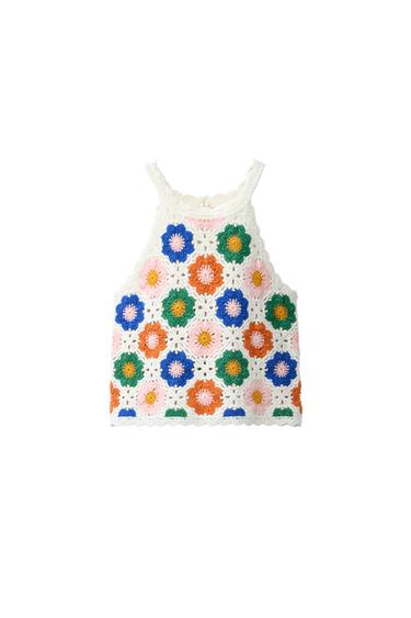 Zara CROCHET FLORAL KNIT TOP - Multicolored