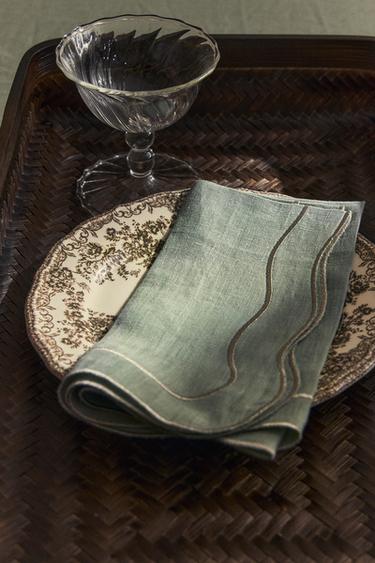 PACK OF LINEN CHRISTMAS NAPKINS WITH THREAD DETAIL (PACK OF 2) - Bluish by Zara