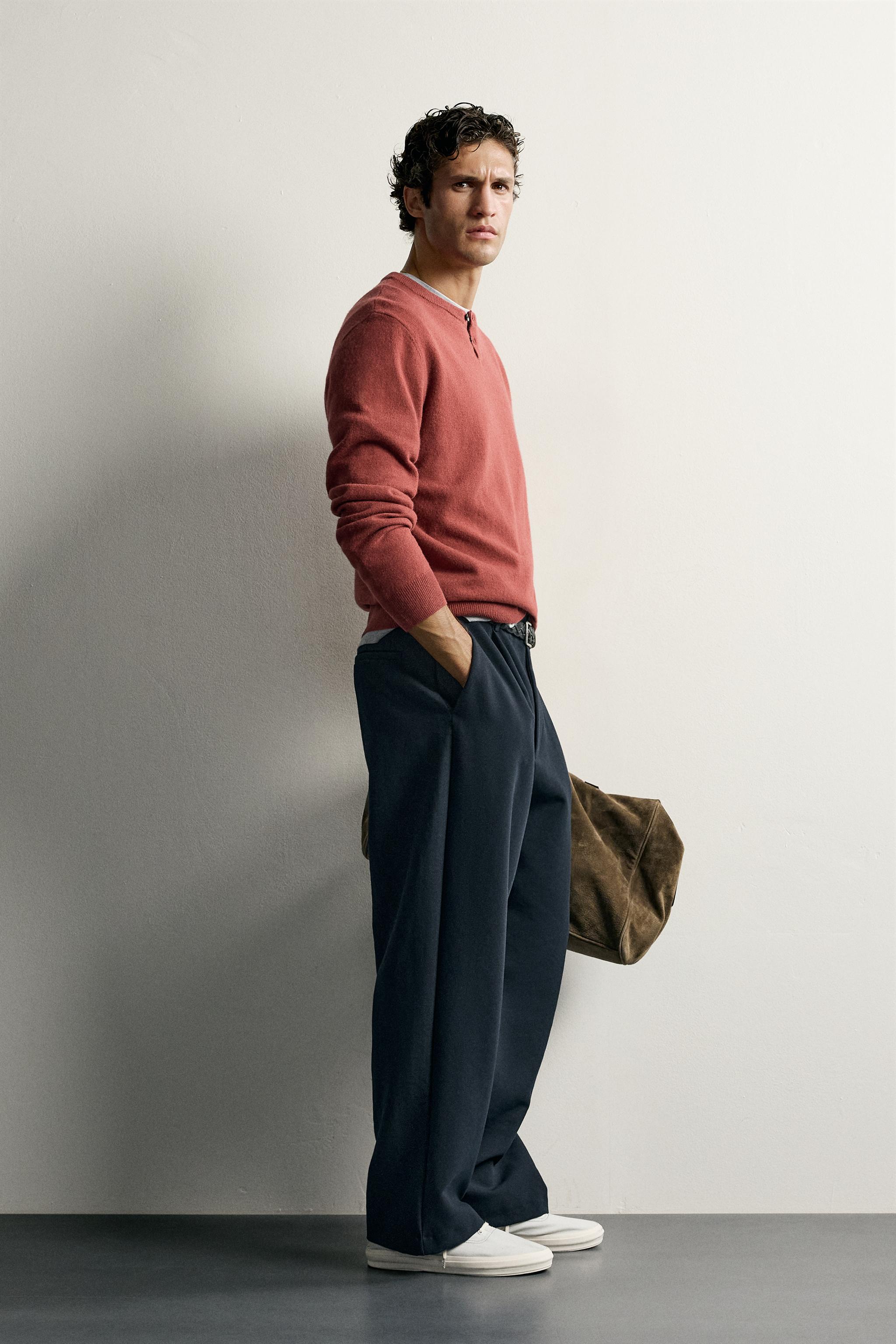100% WOOL HENLEY NECK SWEATER