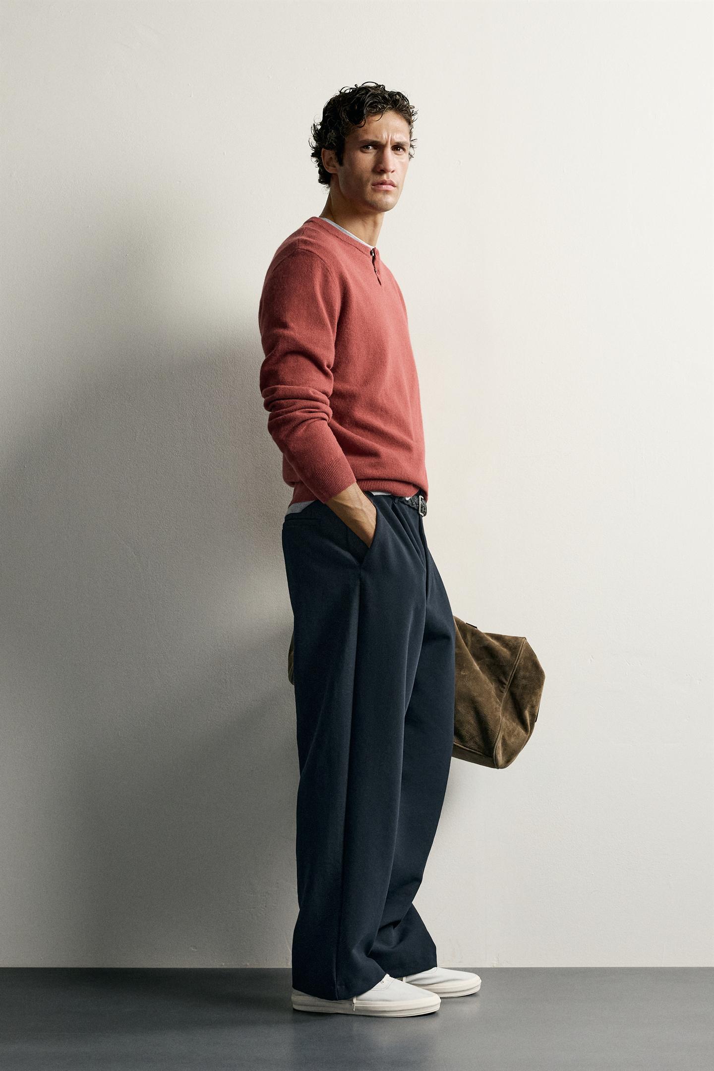 Мужской свитер Zara 100% Wool Henley Neck, цвет: Глиняный — фото 4