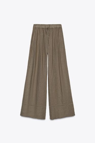 Zara ZW COLLECTION 100%亞麻寬管長褲 - 棕色 / 暗灰褐色