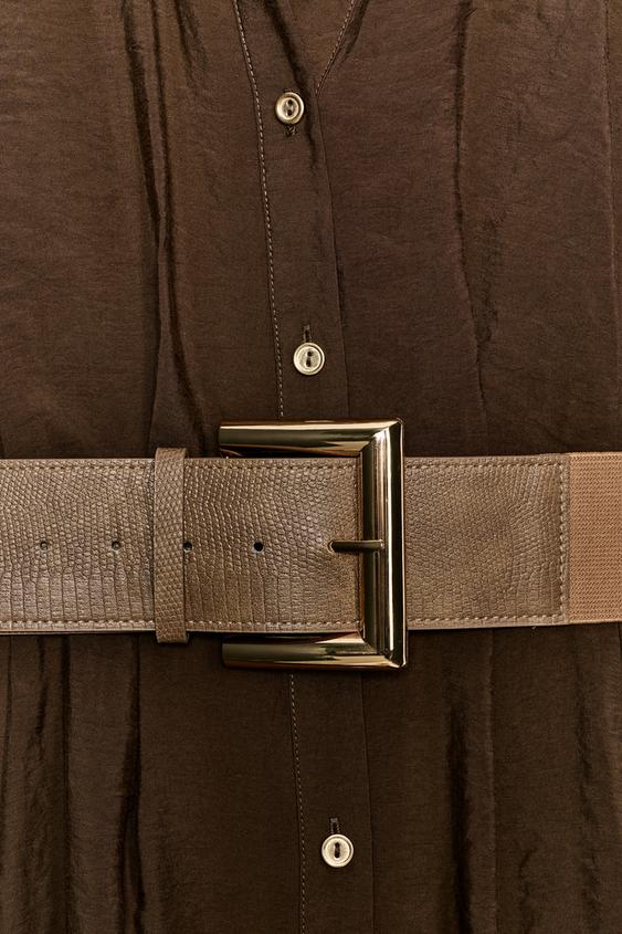 MIDI DRESS WITH BELT - Brown