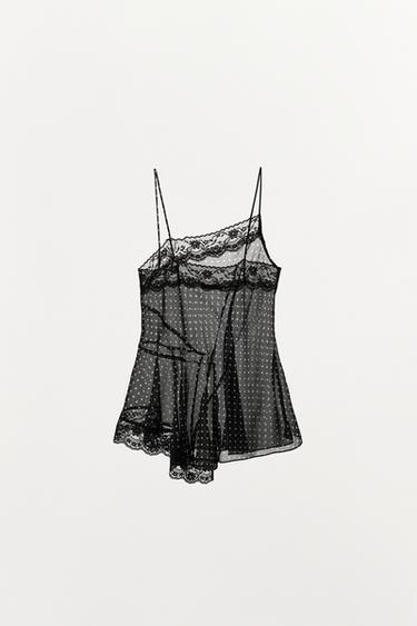 TOP IMPRIMÉ À POIS ET DENTELLE - Noir de Zara - Image 5