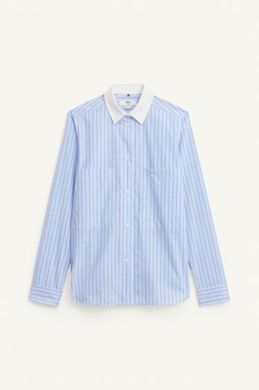 Zara CONTRAST COLLAR STRIPED SHIRT LIMITED EDITION - Blue