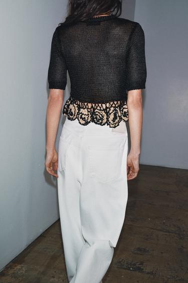 FLORAL TEXTURED KNIT TOP - Black / Ecru by Zara - Image 2